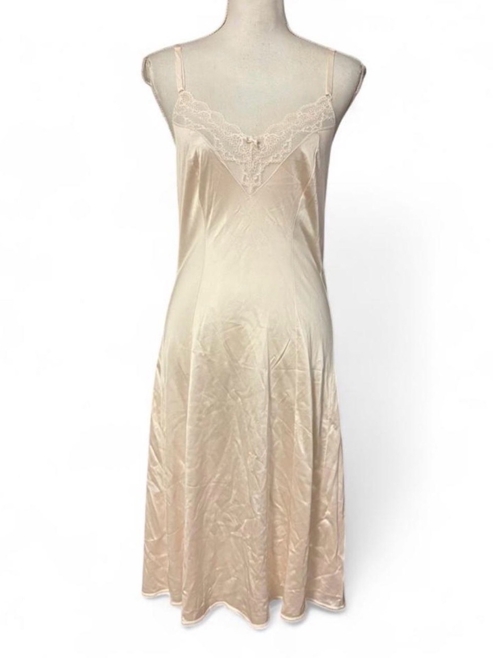 Vtg Maidenform Cream Satin Lace Trim Midi Slip Dress Adjustable Straps Size 34